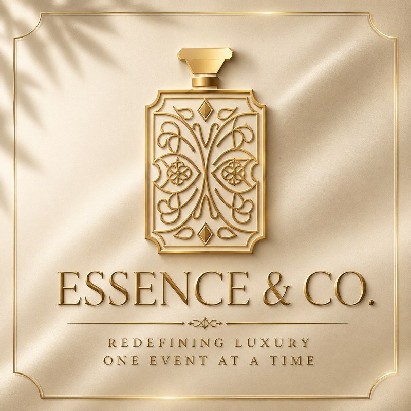 Essence & Co. logo - gold perfume bottle emblem on cream with the tagline Redefining Luxury One Event At A Time